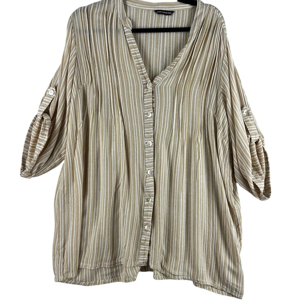 Club Z Collection WMNS Button-Down Tunic SZ 2X Tan/White Striped Beach Cover-Up